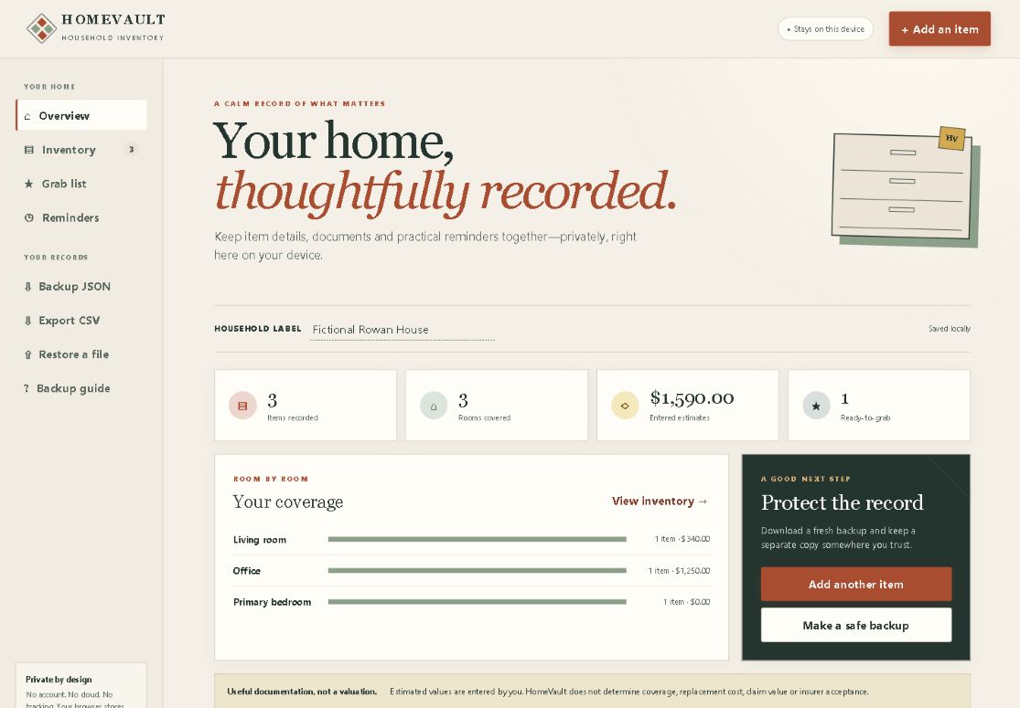 HomeVault desktop overview showing a private household inventory dashboard