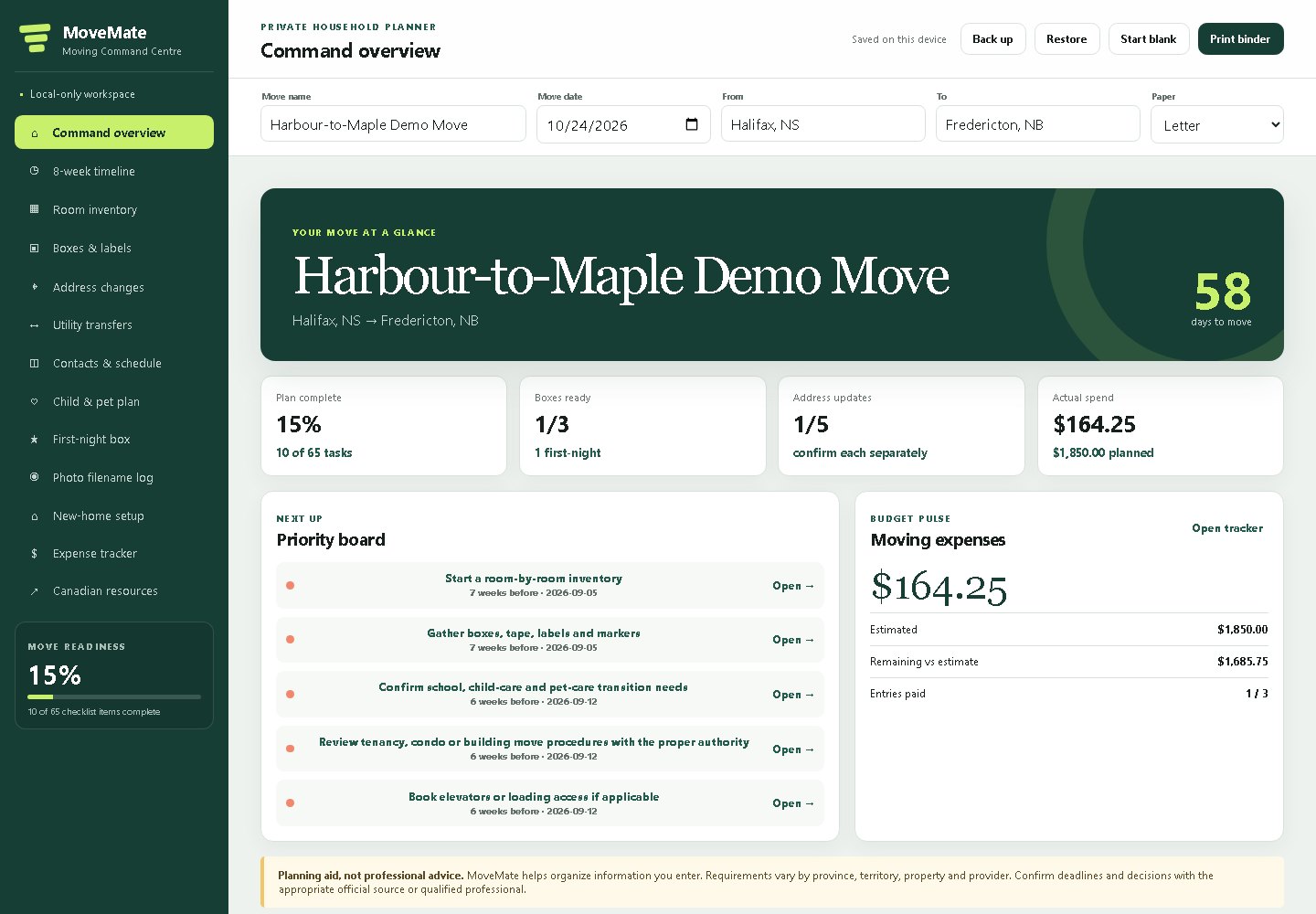 MoveMate dashboard showing moving tasks, boxes and planning tools