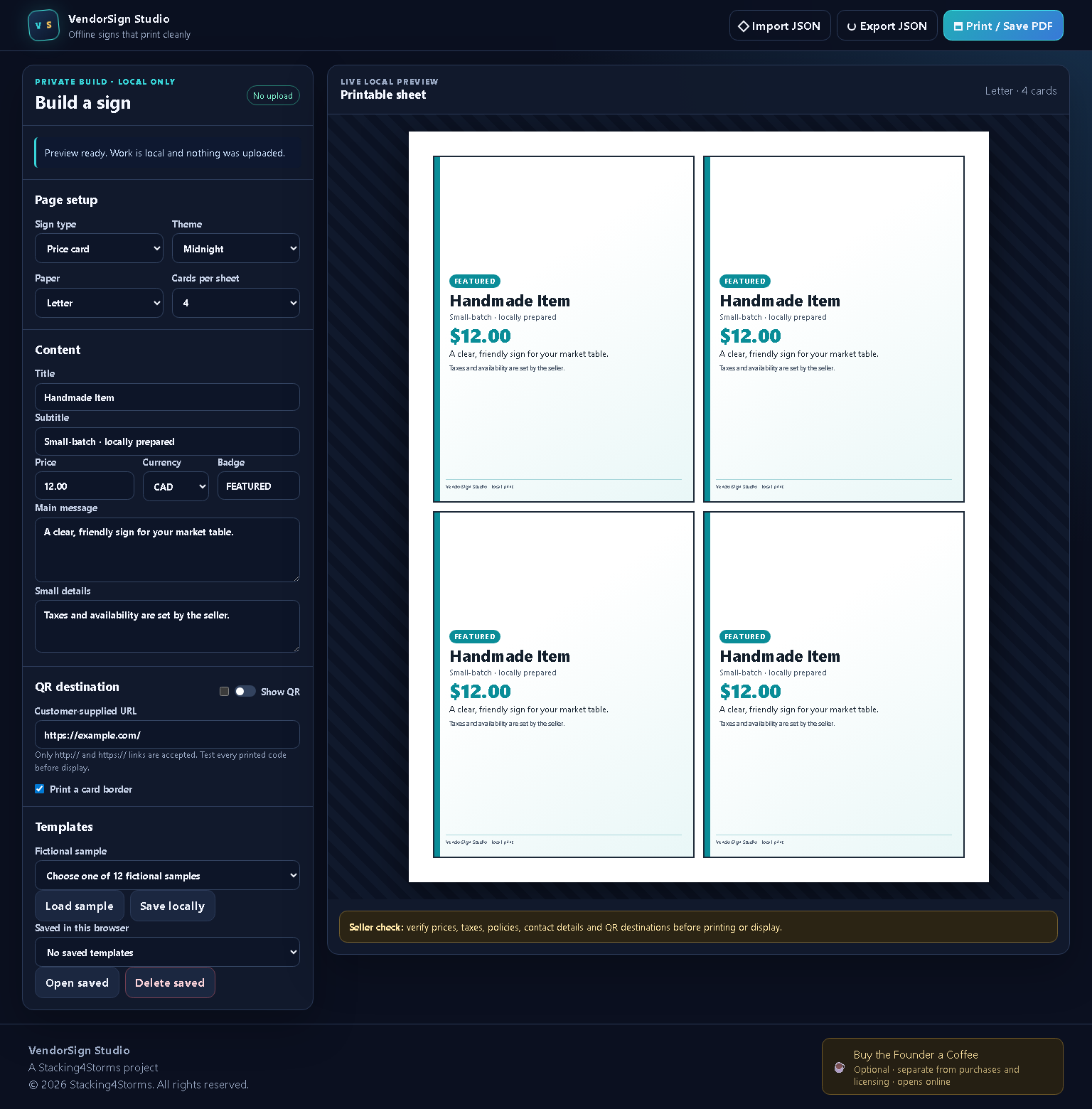 VendorSign Studio preview showing printable vendor signs